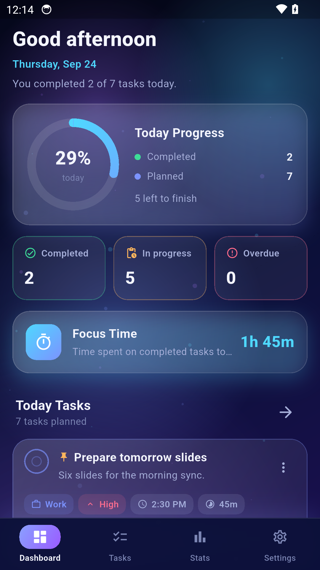 Pure Dashboard daily dashboard screen